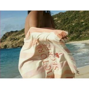 Victorias Secret Striped Palm Embroidered Pink White Beach Towel 66" x 34" NWT